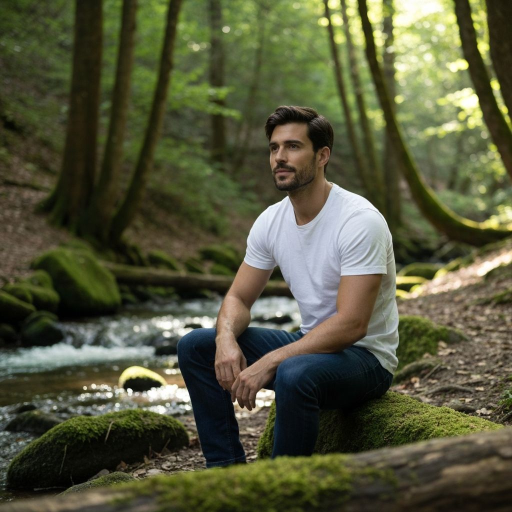 Man in peaceful natural environment practicing self-care